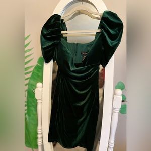 Homecoming dress, velvet green, mini, cute puffy sleeves and overlap hemline
